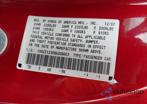 2008 Honda Accord 2.4 Lx-S из США, поврежденный, VIN 1HGCS12308A008403